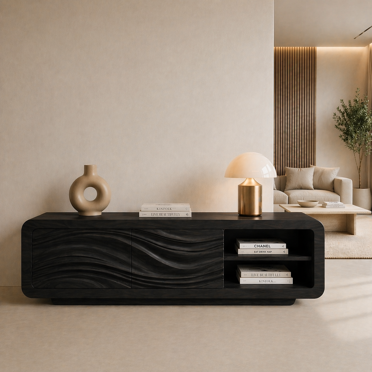 Solid Wood TV Stand with Wave Carved Doors and Open Shelf in Walnut Finish