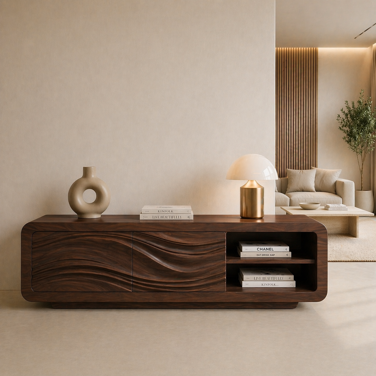 Solid Wood TV Stand with Wave Carved Doors and Open Shelf in Walnut Finish