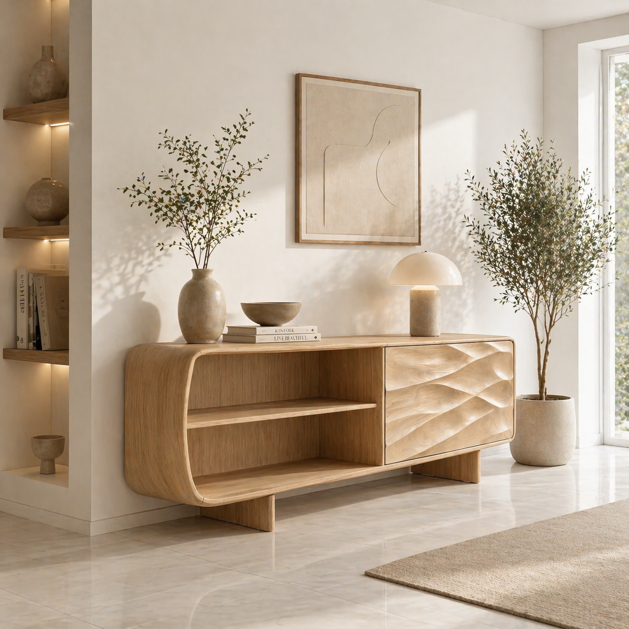 Solid Wood TV Stand with Curved Frame and Wave Carved Door in Walnut Finish