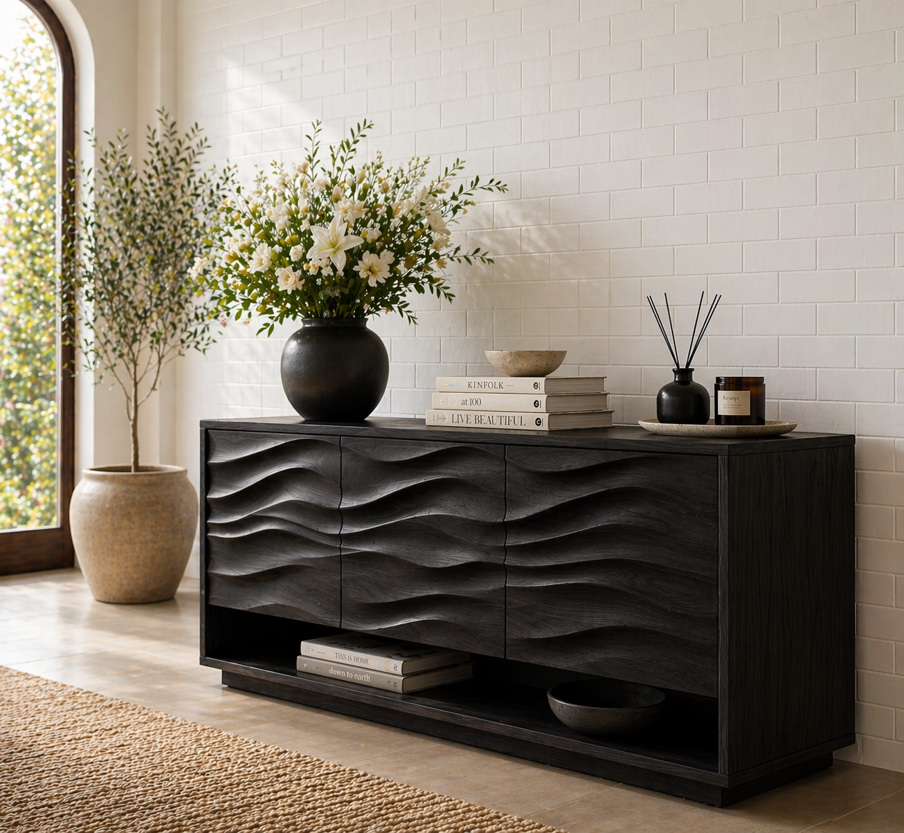 Solid Wood Console Table with Wave Carved Doors and Open Shelf in Walnut Finish