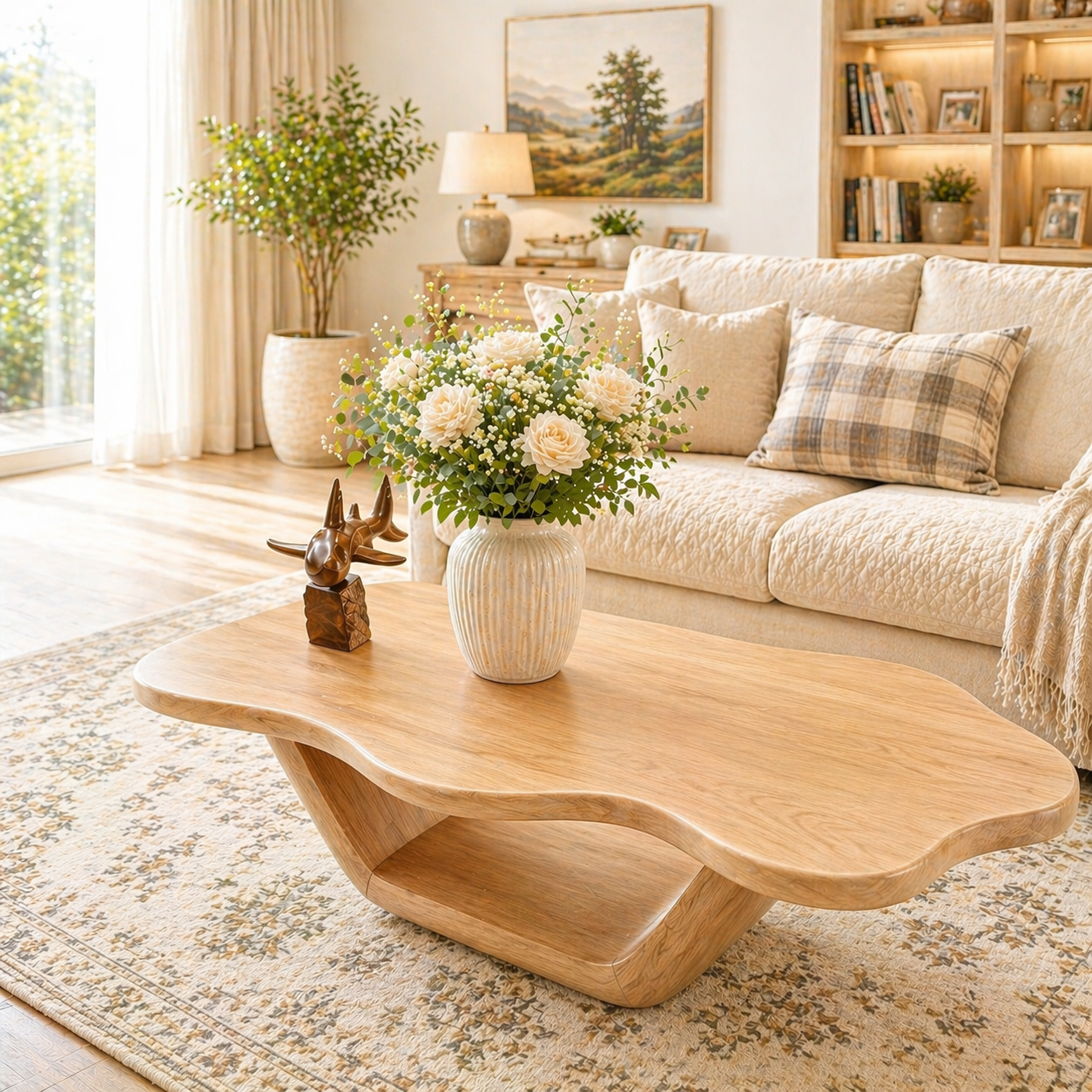 Solid Wood Coffee Table with Organic Curved Top and Sculptural Base