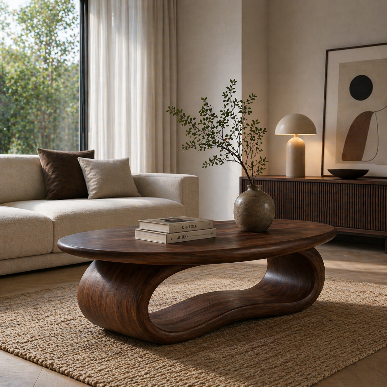 Solid Wood Coffee Table with Sculptural Loop Base and Organic Top