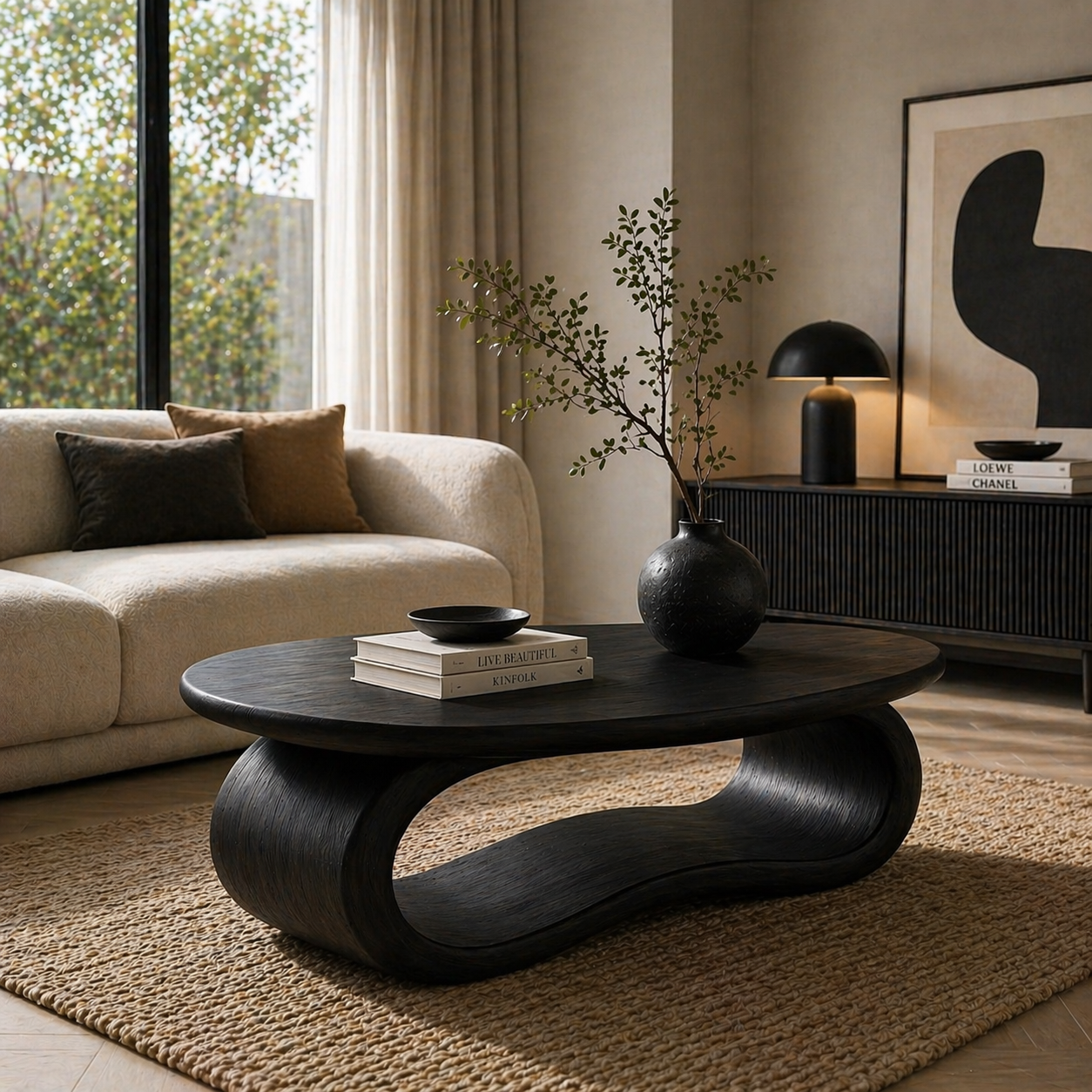 Solid Wood Coffee Table with Sculptural Loop Base and Organic Top