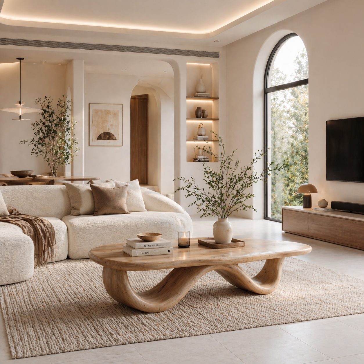 Solid Wood Coffee Table with Curved Sculptural Base and Organic Top