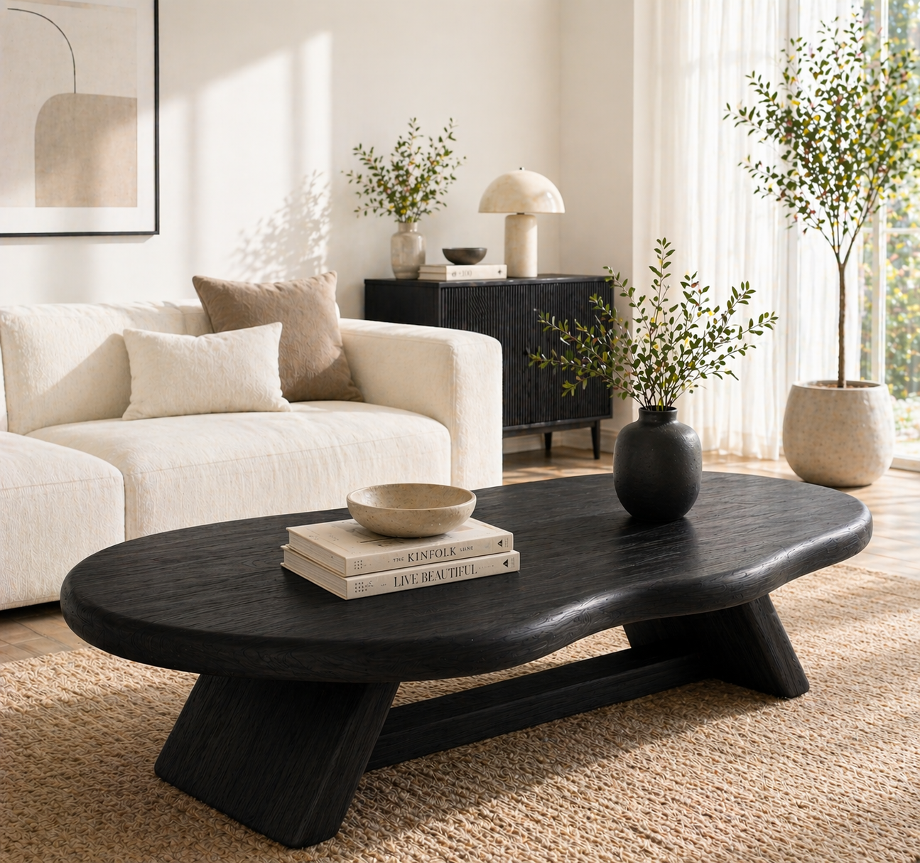 Solid Wood Coffee Table with Organic Oval Top and Angled Base