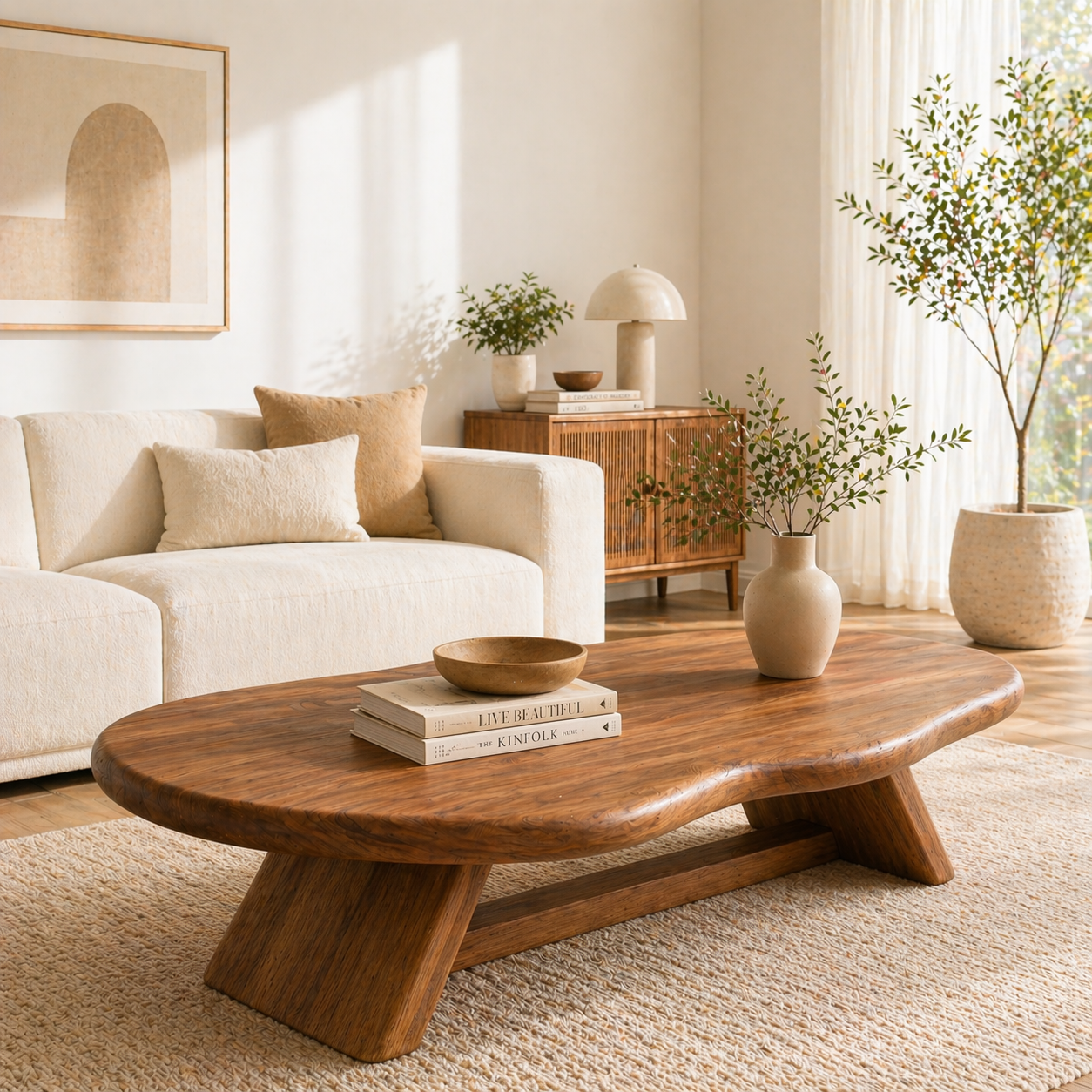 Solid Wood Coffee Table with Organic Oval Top and Angled Base
