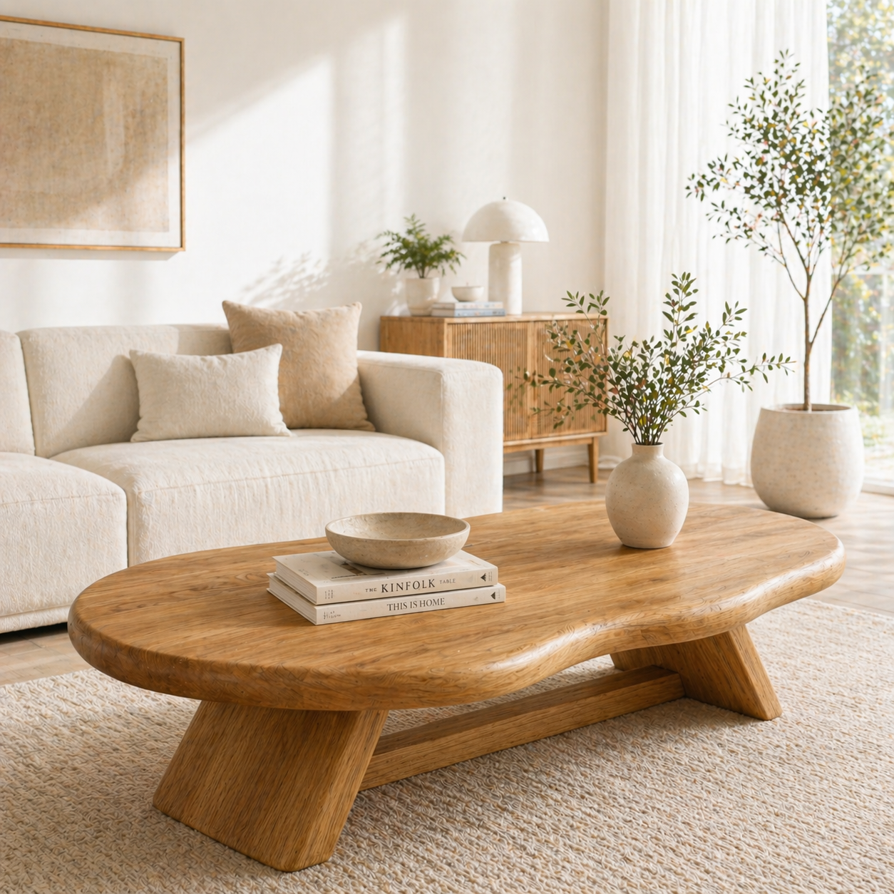 Solid Wood Coffee Table with Organic Oval Top and Angled Base