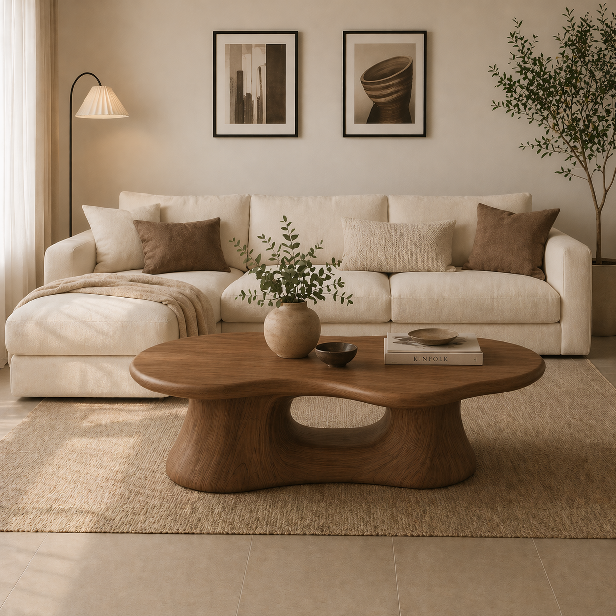 Solid Wood Coffee Table with Sculpted Base and Organic Top