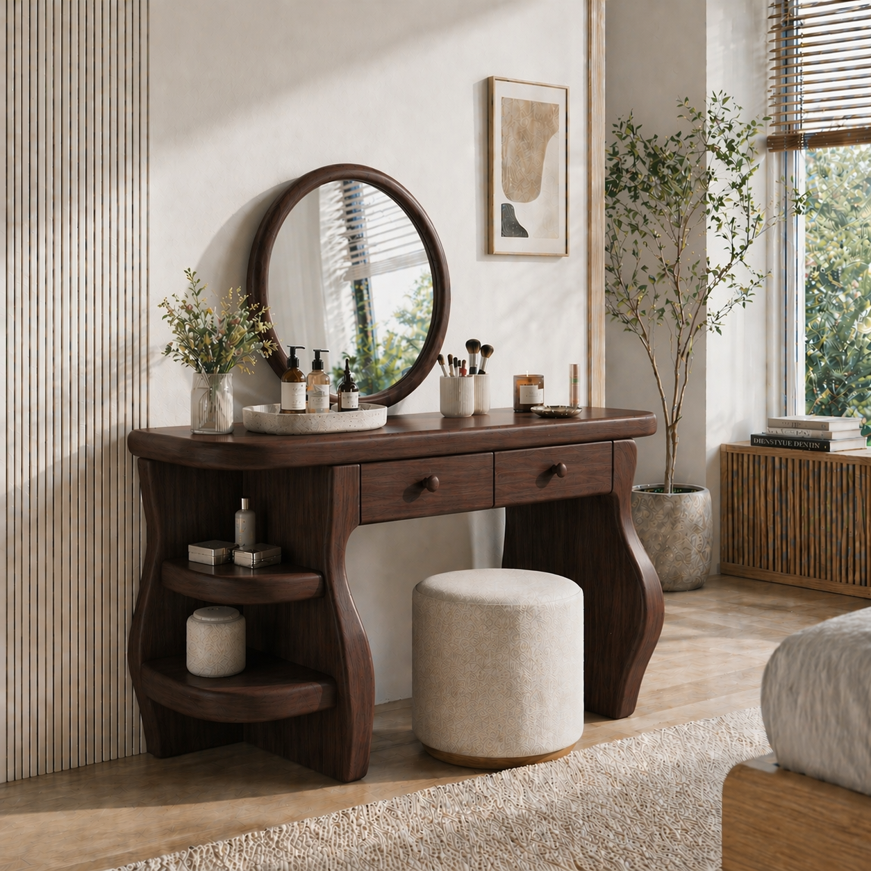 Solid Wood Makeup Vanity Desk with Sculptural Curved Base and Double Drawers