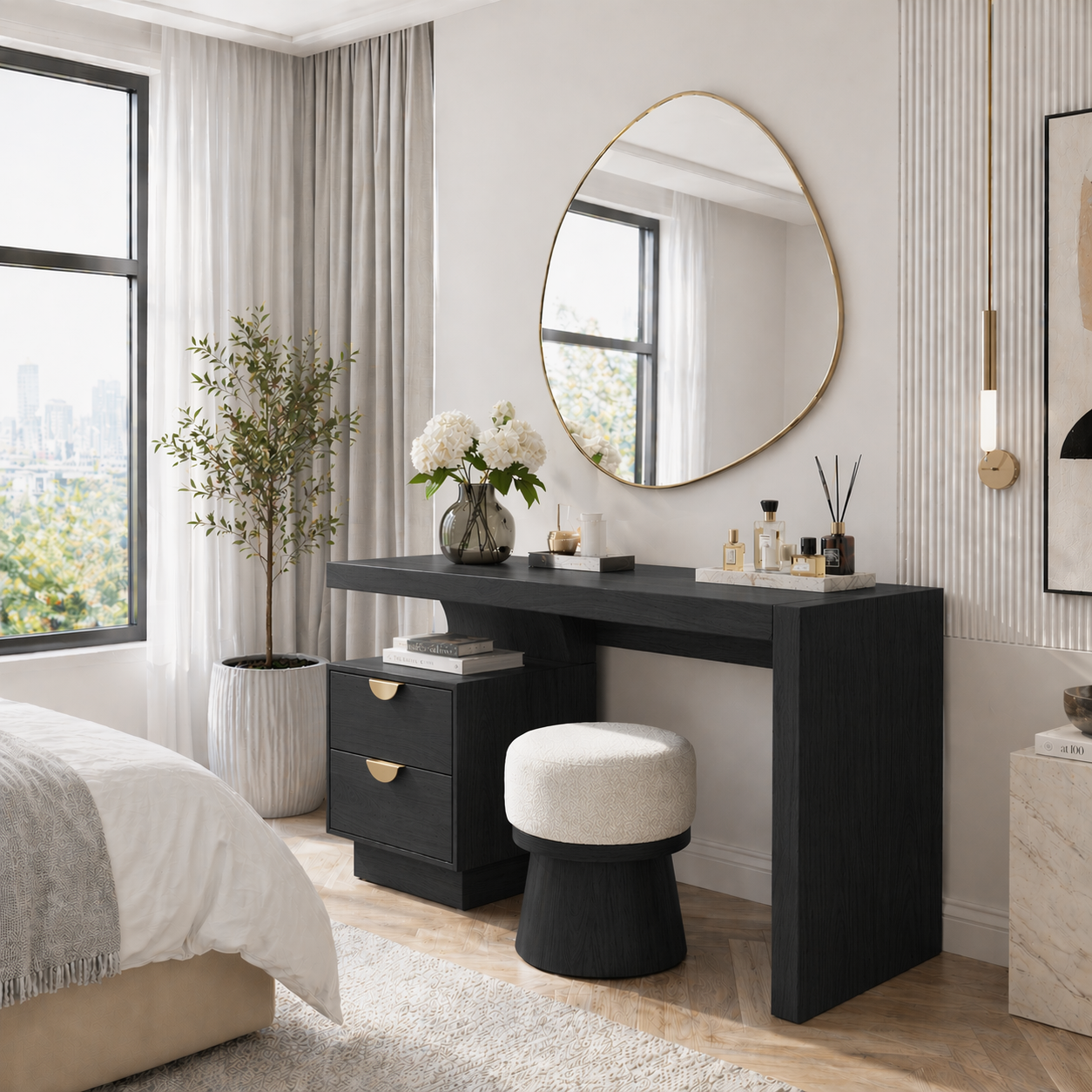 Solid Wood Makeup Vanity Desk with Thick Slab Design and Storage Drawers