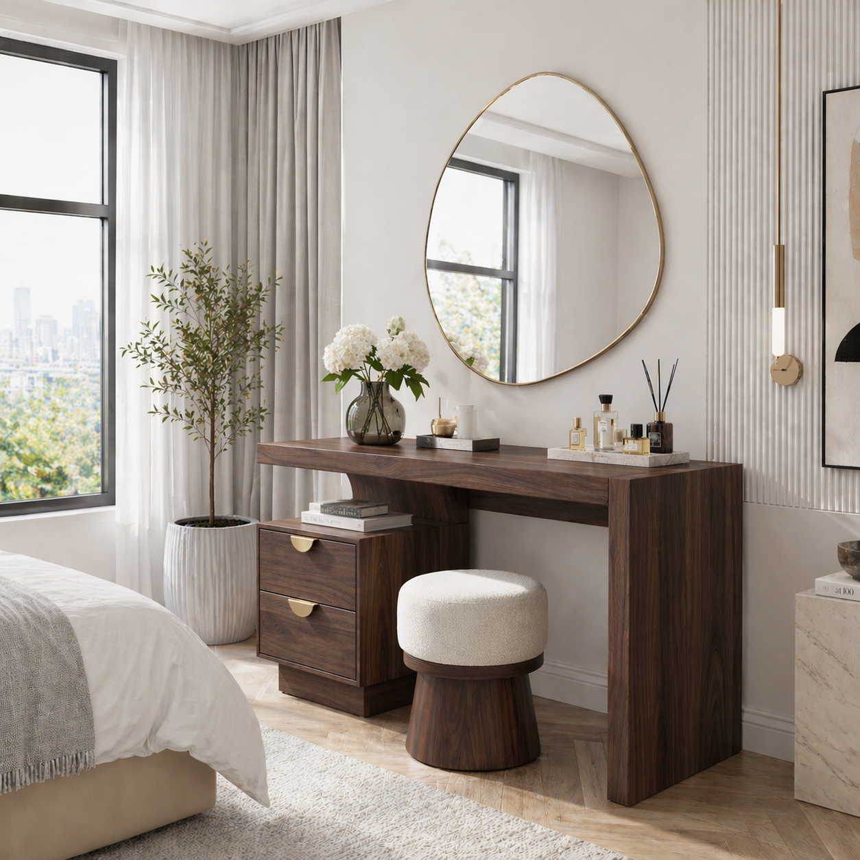 Solid Wood Makeup Vanity Desk with Thick Slab Design and Storage Drawers
