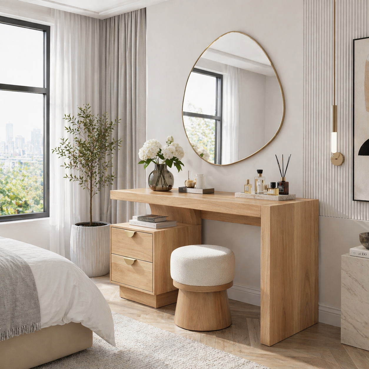 Solid Wood Makeup Vanity Desk with Thick Slab Design and Storage Drawers