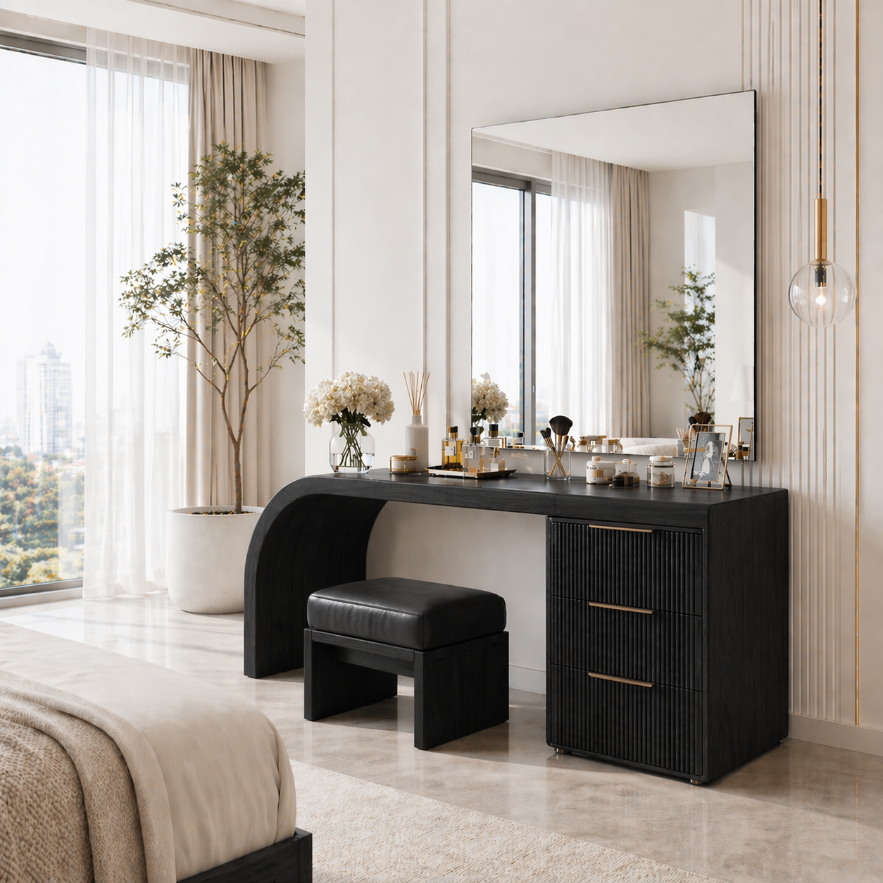 Solid Wood Makeup Vanity Desk with Curved Base and Fluted Drawer Cabinet