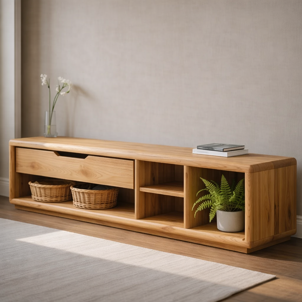 Solid Wood Entryway Storage Bench with Drawer & Open Shelves – Modern Shoe Storage Bench