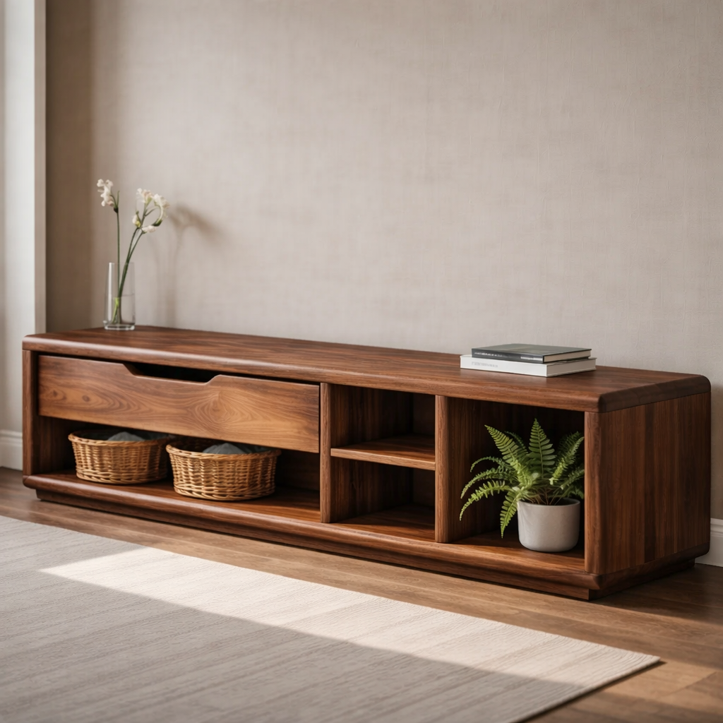 Solid Wood Entryway Storage Bench with Drawer & Open Shelves – Modern Shoe Storage Bench