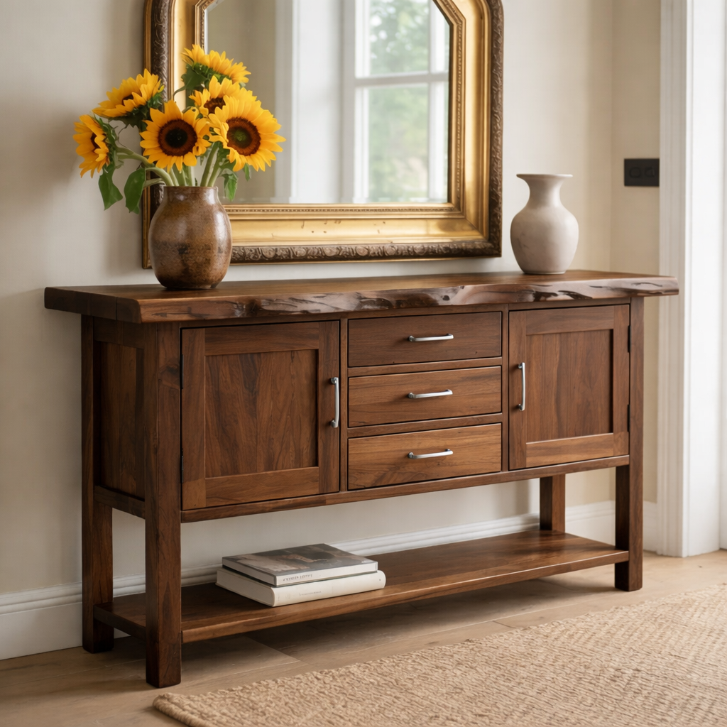 Solid Wood Sideboard Console Table with Drawers, Cabinet Doors & Lower Shelf – Entryway Storage Cabinet