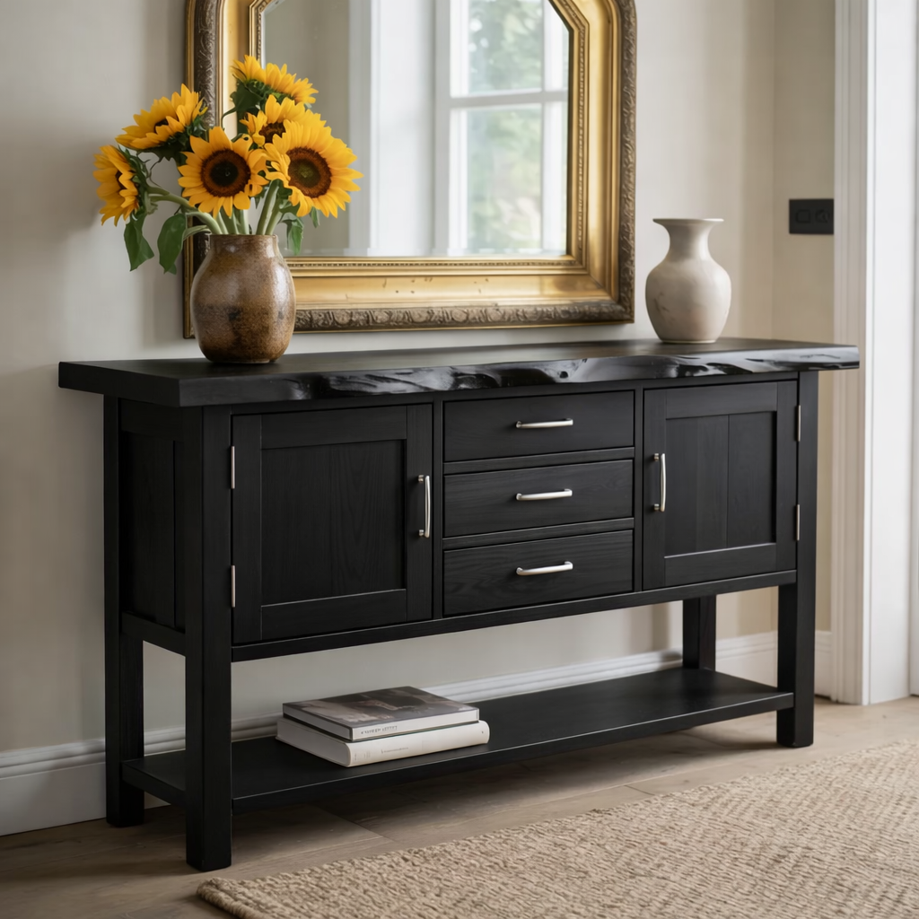 Solid Wood Sideboard Console Table with Drawers, Cabinet Doors & Lower Shelf – Entryway Storage Cabinet