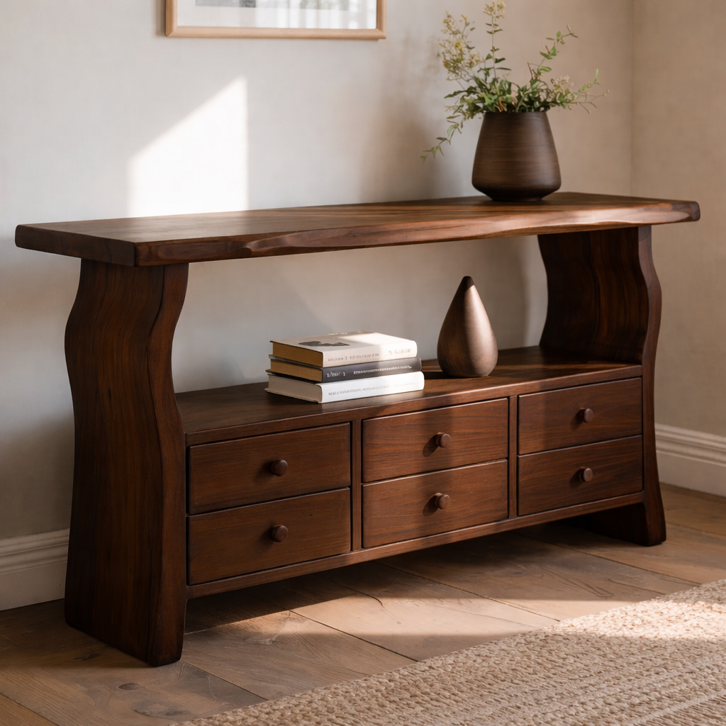Solid Wood Console Table with 6 Drawers & Display Shelf – Live Edge Entryway Storage Console