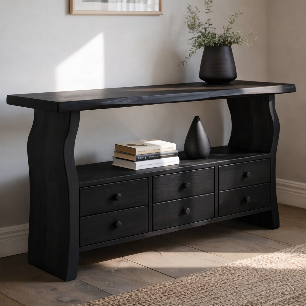 Solid Wood Console Table with 6 Drawers & Display Shelf – Live Edge Entryway Storage Console