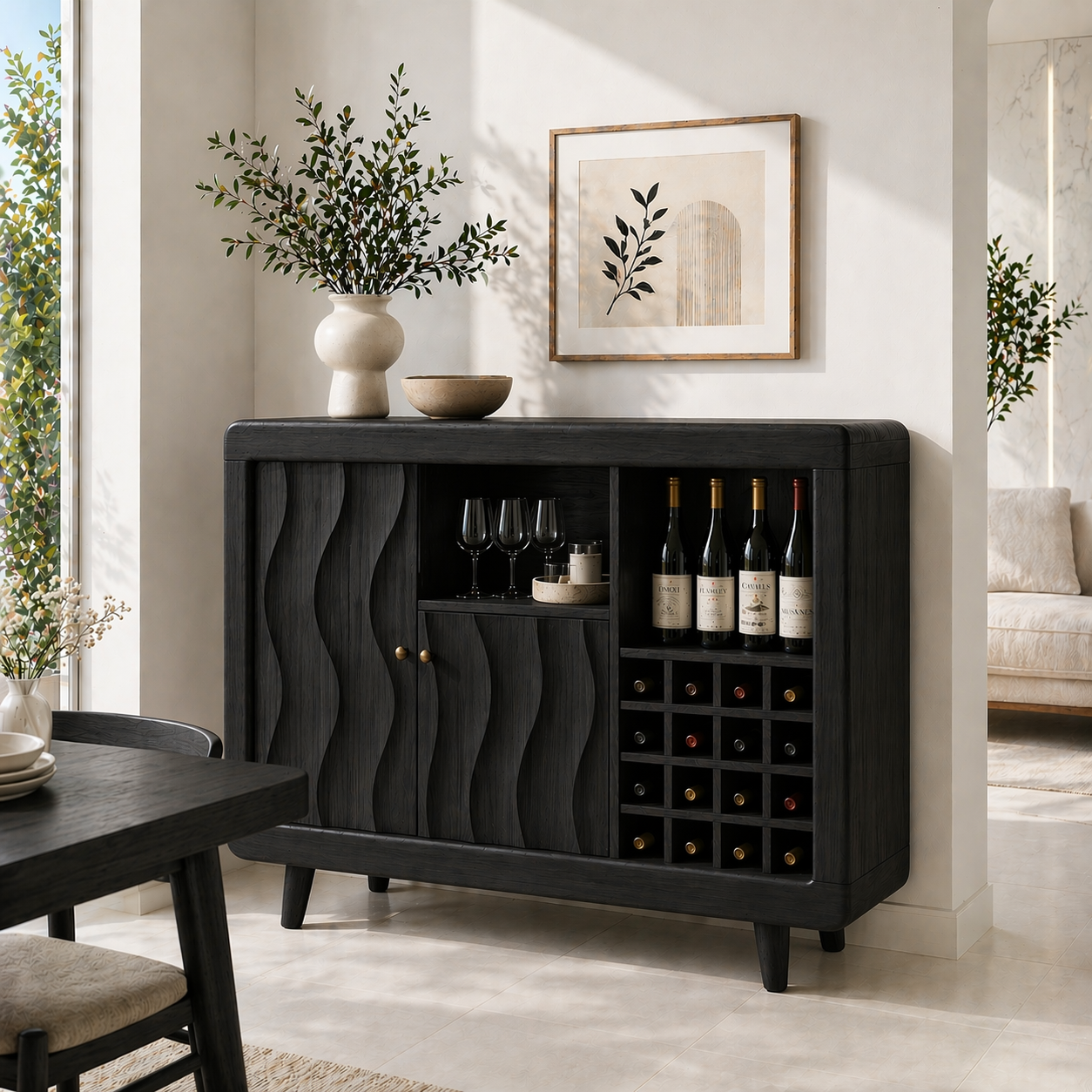 Solid Wood Wine Cabinet with Wave Carved Doors and Built-in Bottle Storage