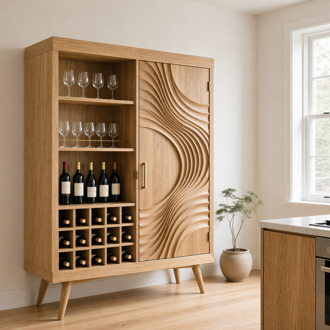 Solid Wood Wine Cabinet with Sculpted Wave Doors and Bottle Storage