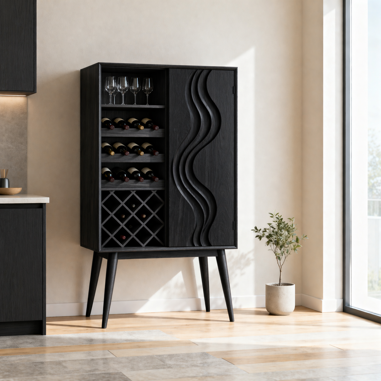Solid Wood Wine Cabinet with Wave Carved Door and Bottle Storage Rack