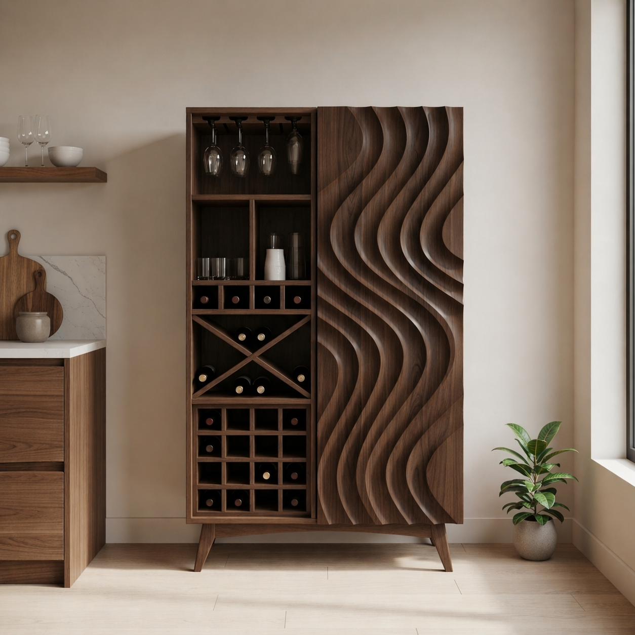 Solid Wood Wine Cabinet with Wave Carved Door and Bottle Storage Rack