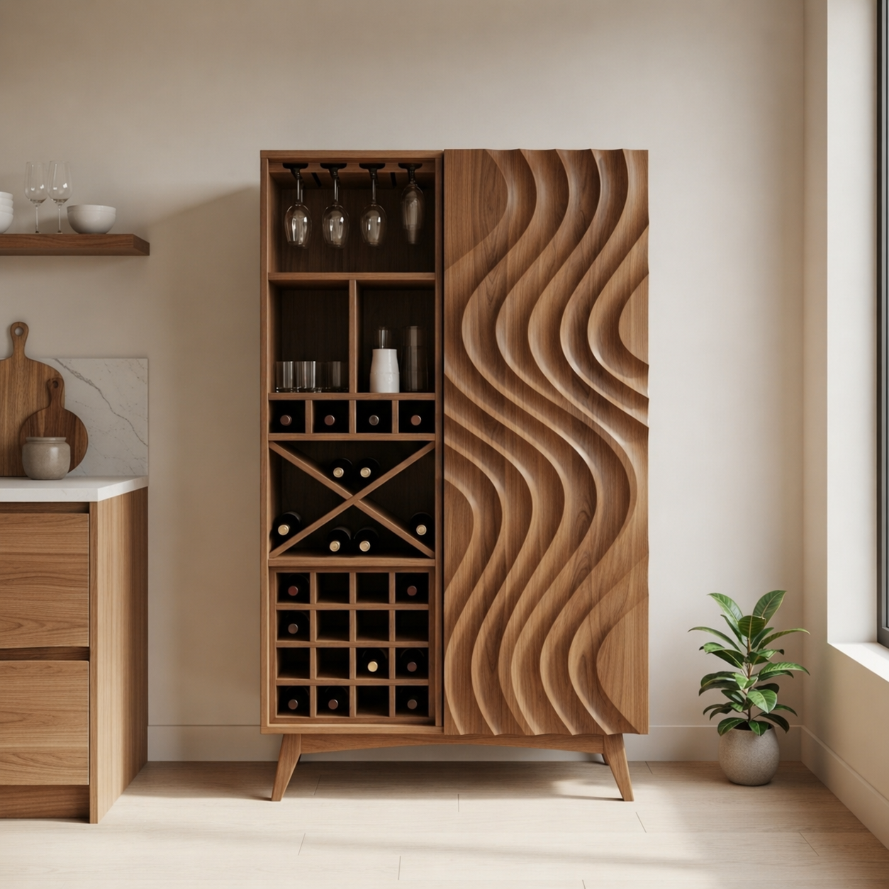 Solid Wood Wine Cabinet with Wave Carved Door and Bottle Storage Rack