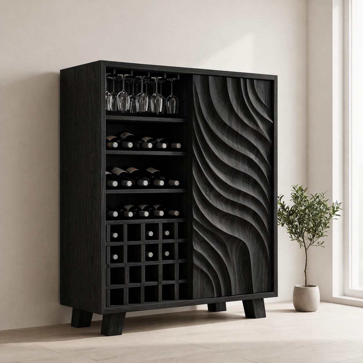 Solid Wood Wine Cabinet with Sculpted Wave Door and Bottle Storage