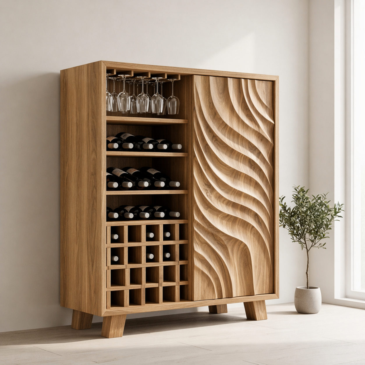 Solid Wood Wine Cabinet with Sculpted Wave Door and Bottle Storage