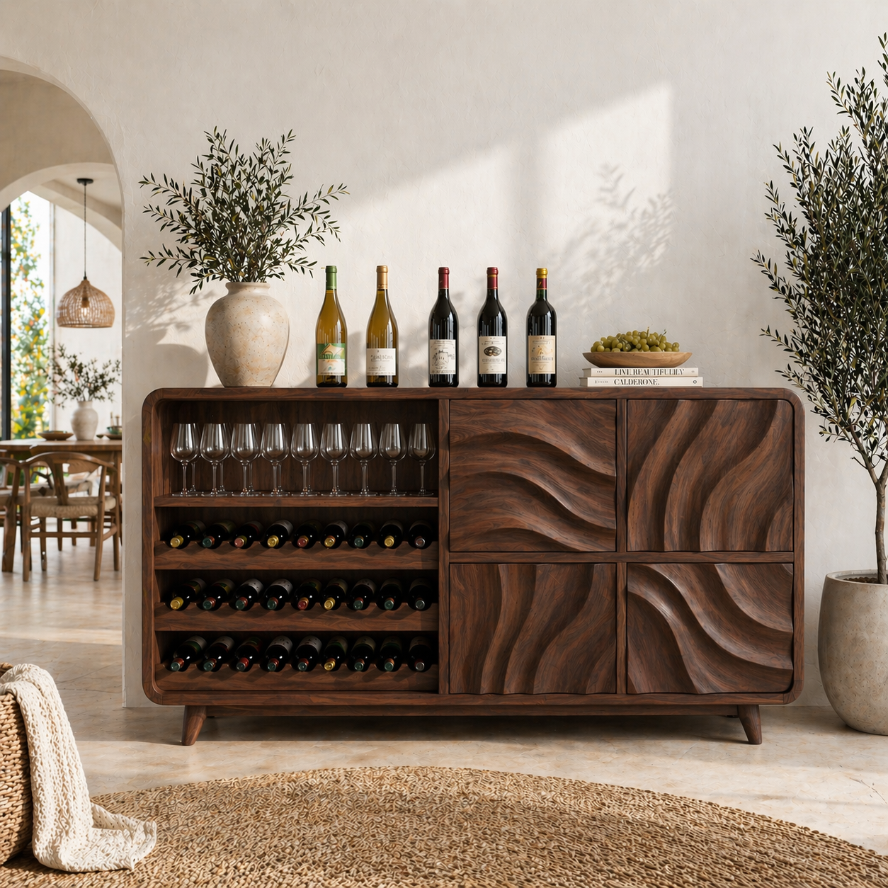 Solid Wood Wine Sideboard with Wave Carved Doors and Open Bottle Storage