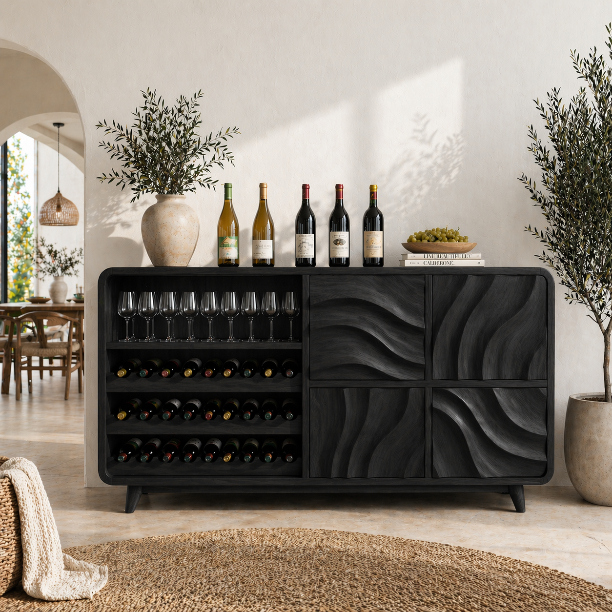 Solid Wood Wine Sideboard with Wave Carved Doors and Open Bottle Storage
