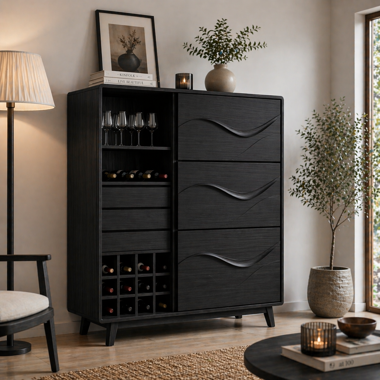 Solid Wood Wine Cabinet with Wave Carved Drawers and Bottle Storage