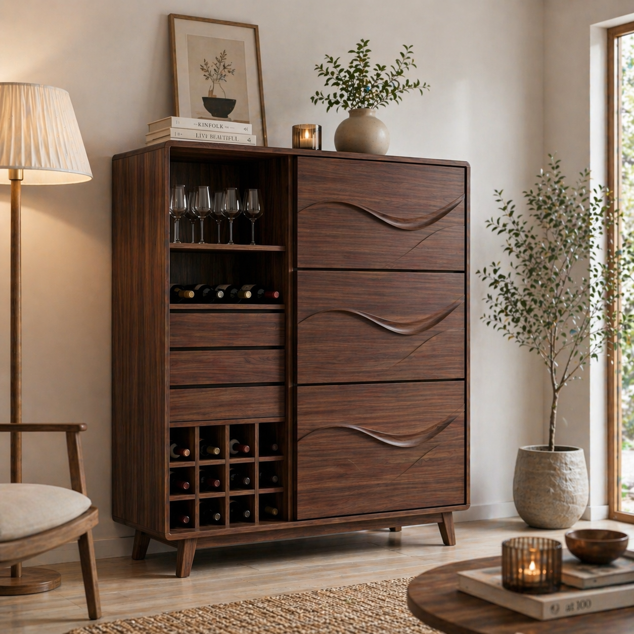 Solid Wood Wine Cabinet with Wave Carved Drawers and Bottle Storage
