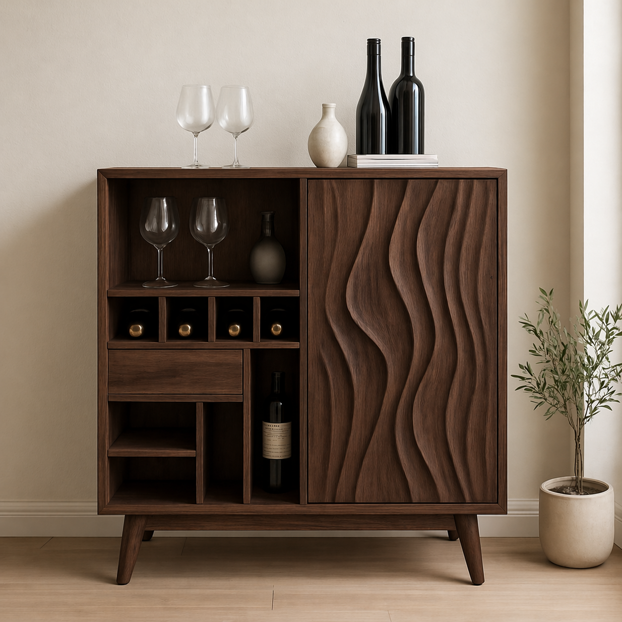 Solid Wood Wine Cabinet with Wave Carved Door and Compact Bottle Storage