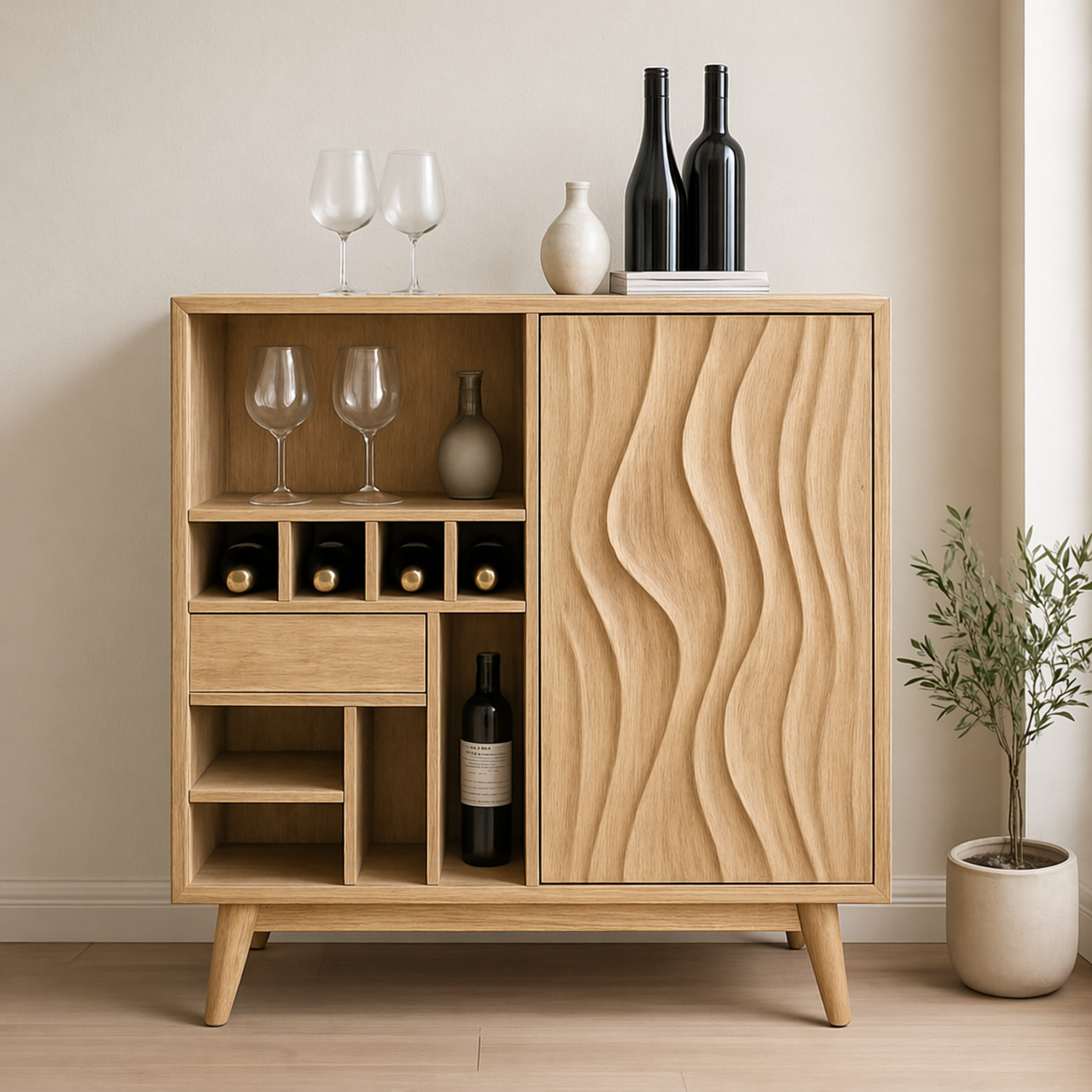 Solid Wood Wine Cabinet with Wave Carved Door and Compact Bottle Storage