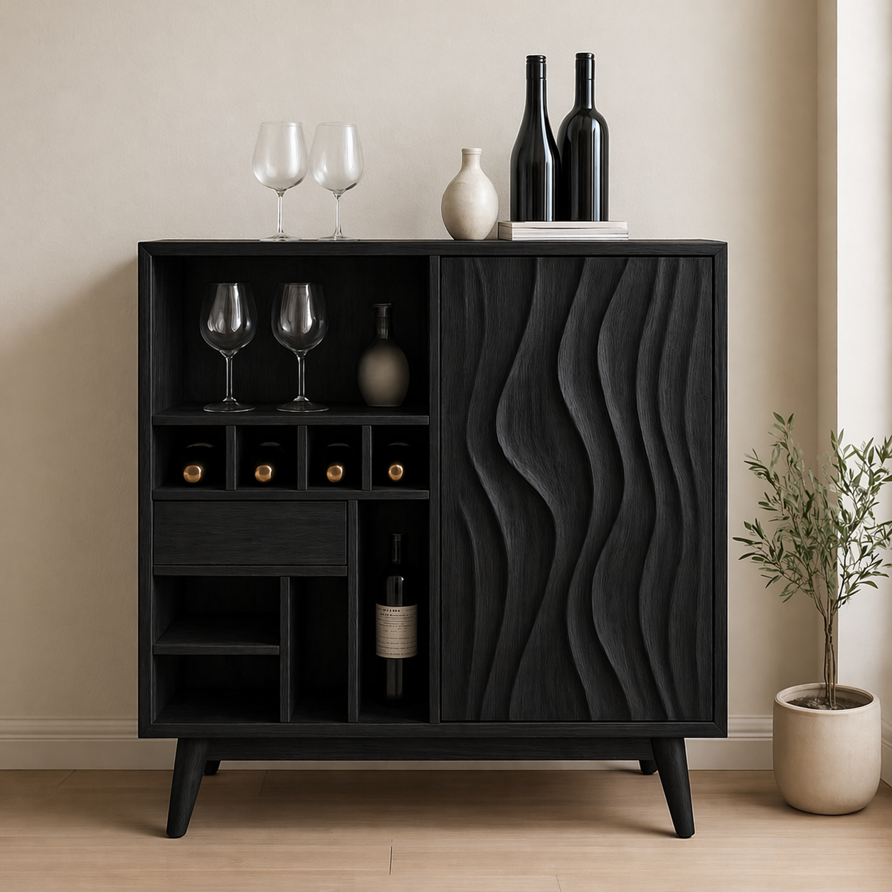 Solid Wood Wine Cabinet with Wave Carved Door and Compact Bottle Storage