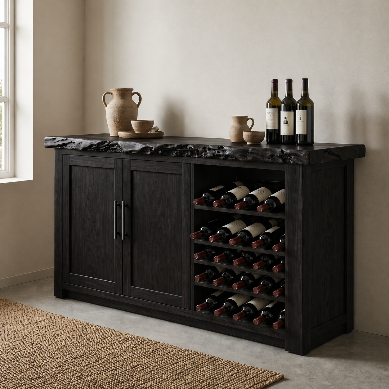 Solid Wood Wine Cabinet with Live Edge Top and Built-In Bottle Rack