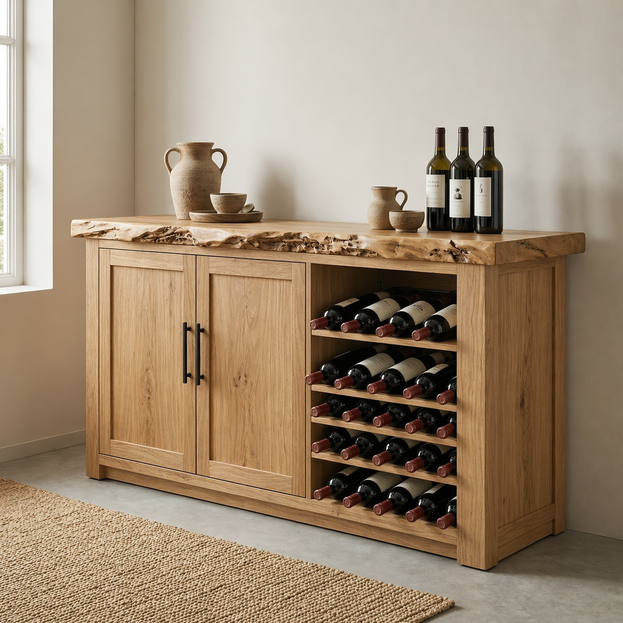 Solid Wood Wine Cabinet with Live Edge Top and Built-In Bottle Rack