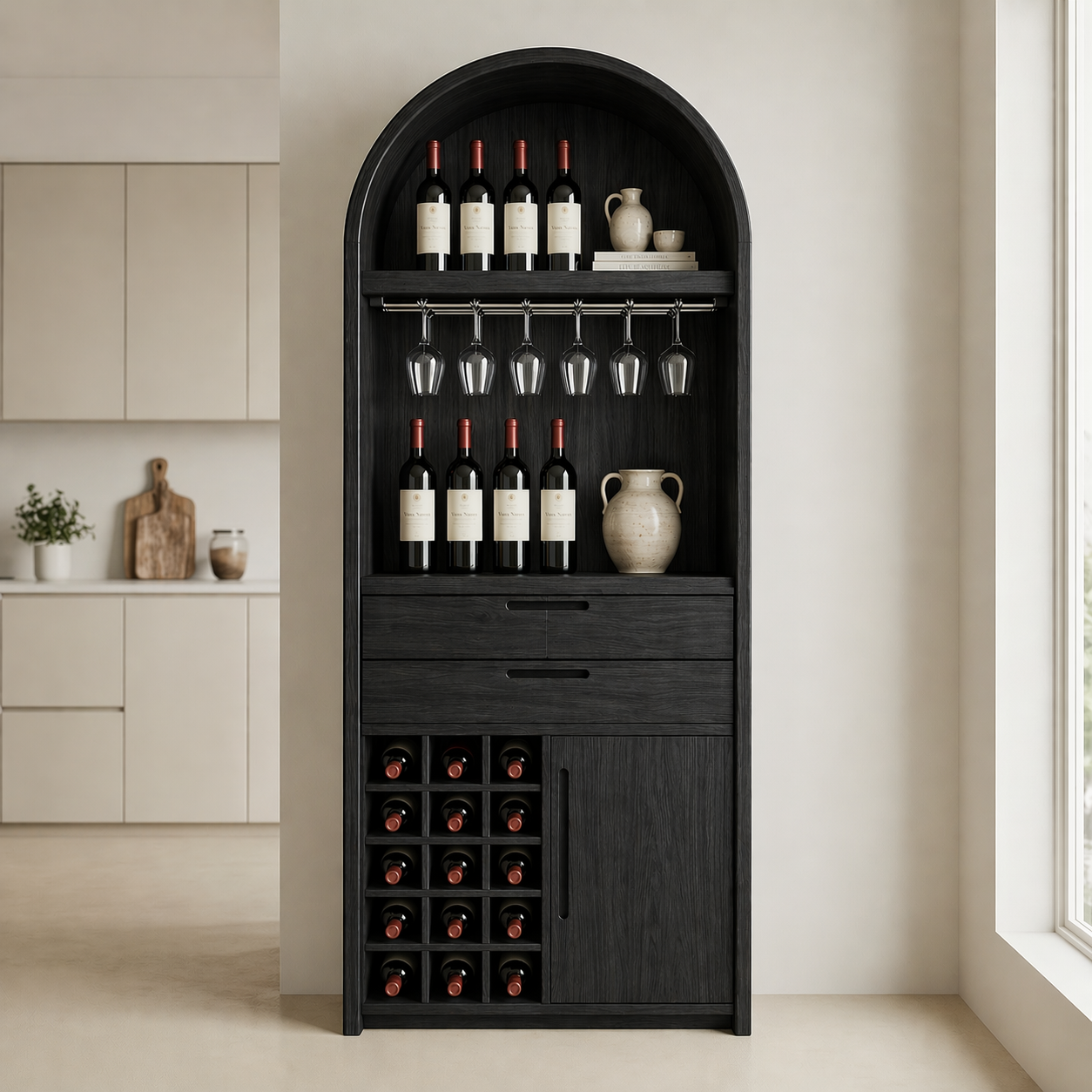 Solid Wood Wine Cabinet with Arched Top, Glass Holder and Bottle Storage