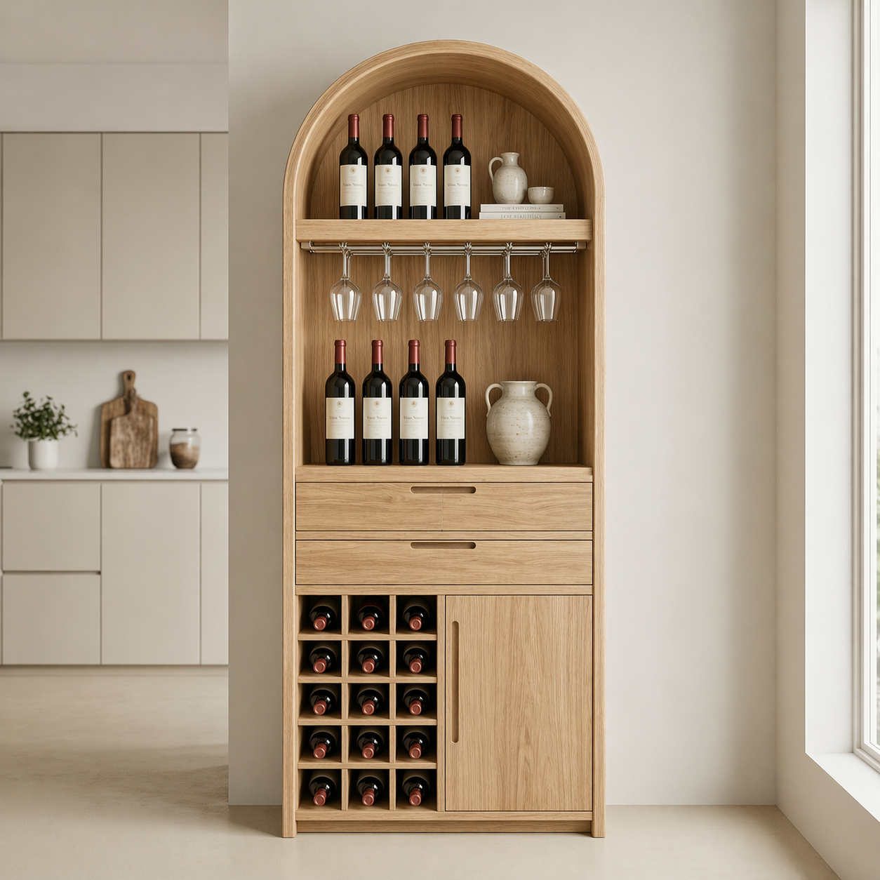 Solid Wood Wine Cabinet with Arched Top, Glass Holder and Bottle Storage