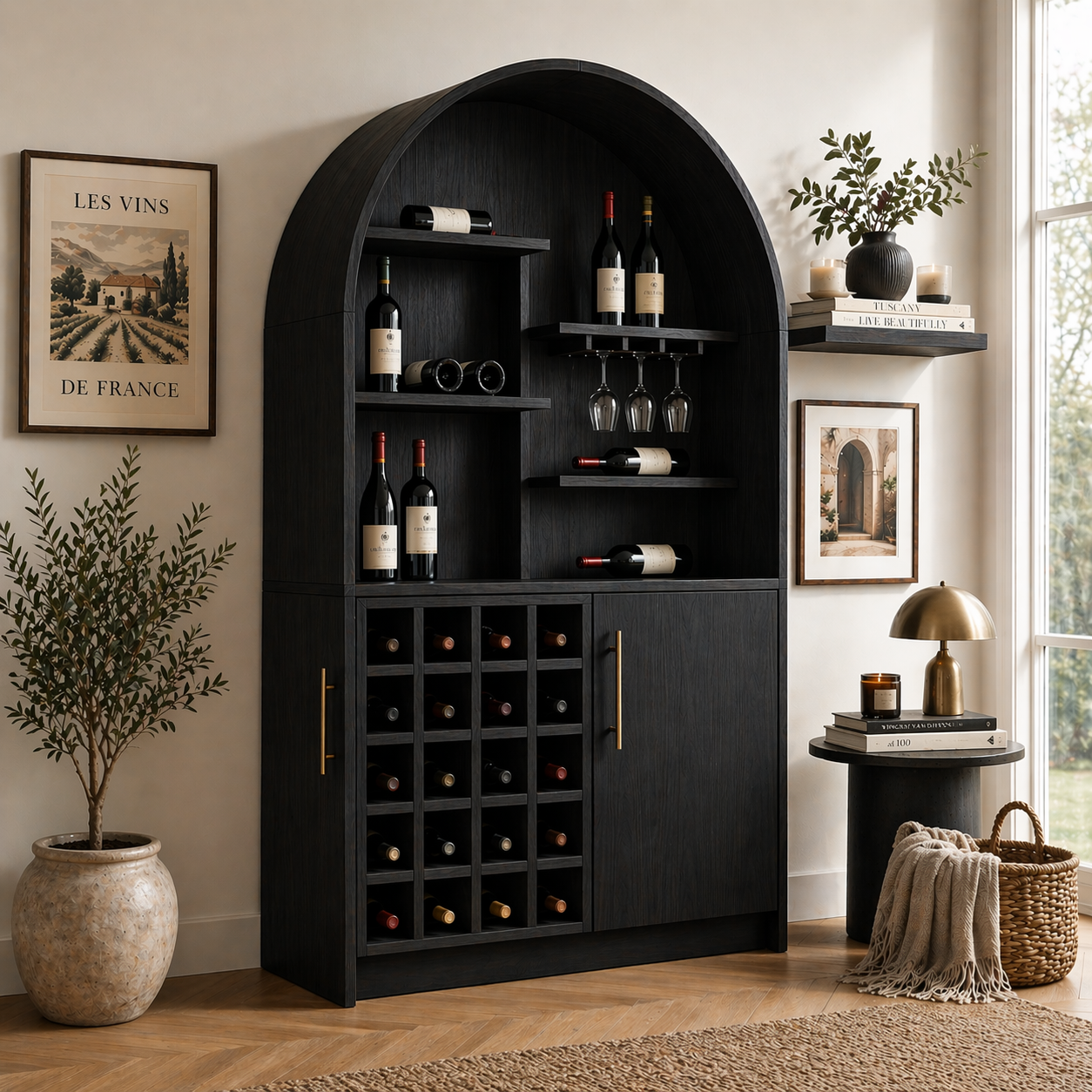 Solid Wood Wine Cabinet with Arched Display Shelves and Bottle Storage