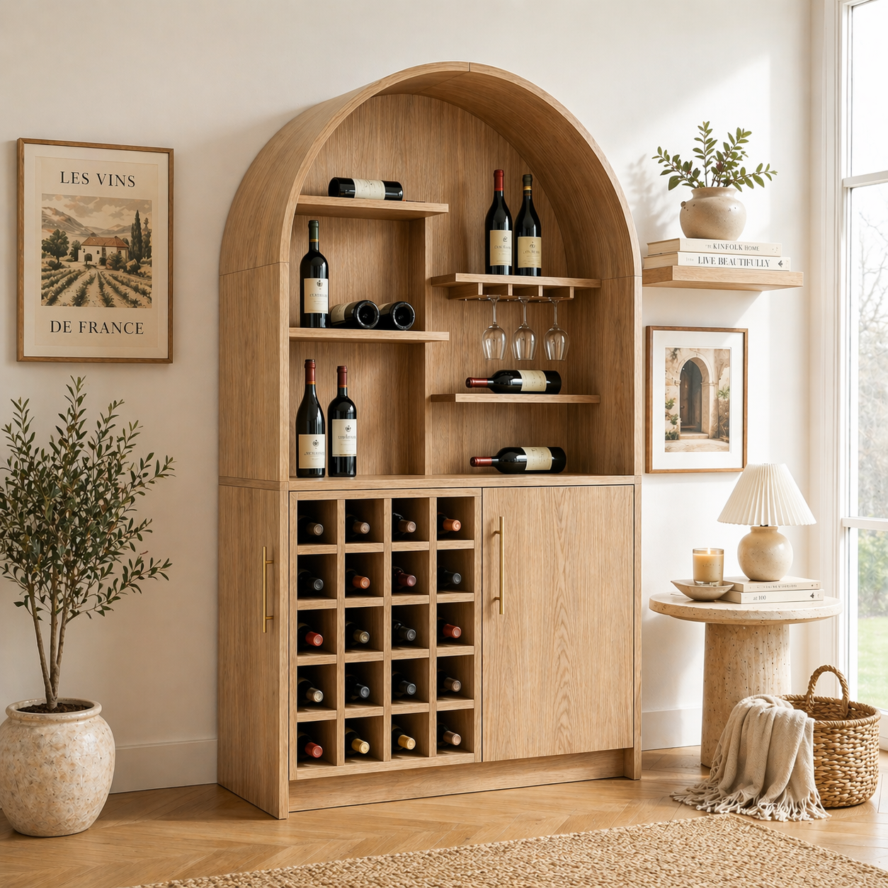 Solid Wood Wine Cabinet with Arched Display Shelves and Bottle Storage
