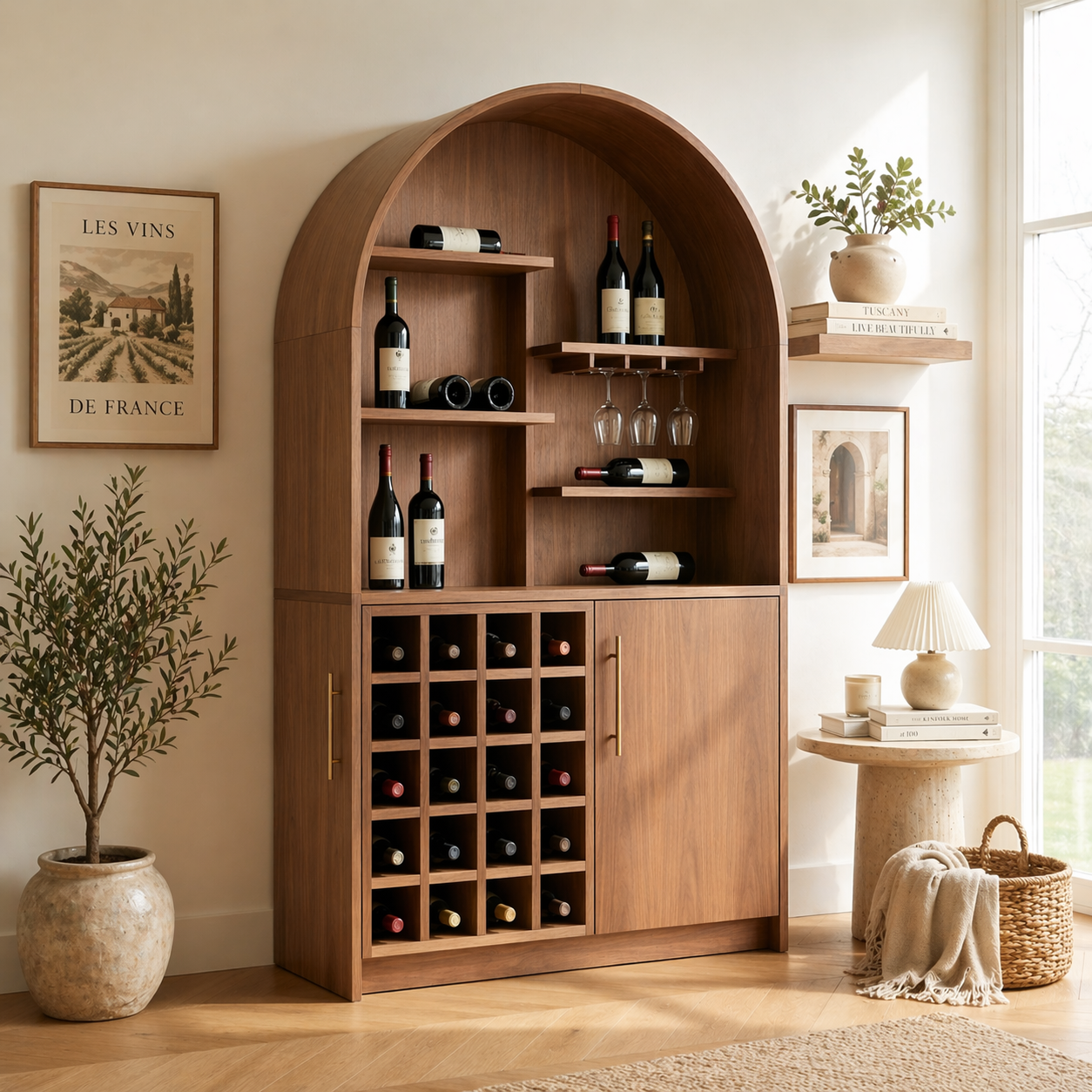 Solid Wood Wine Cabinet with Arched Display Shelves and Bottle Storage