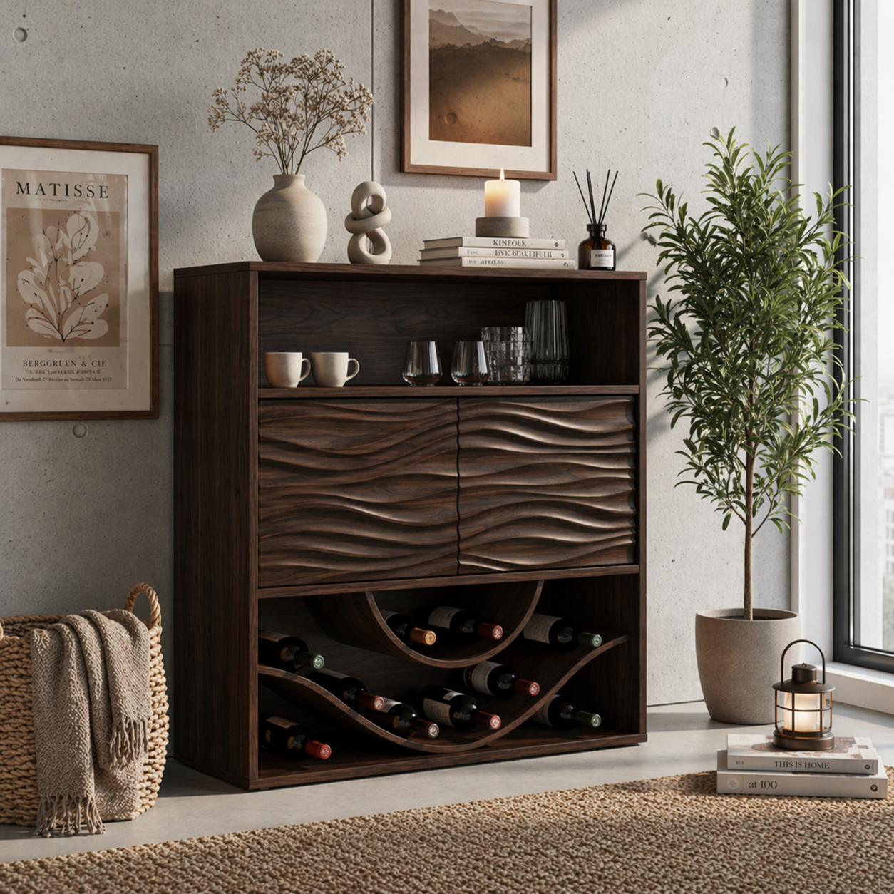 Solid Wood Wine Cabinet with Wave Carved Doors and Open Bottle Storage