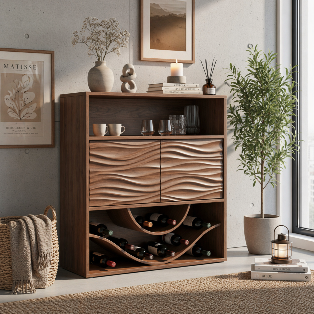 Solid Wood Wine Cabinet with Wave Carved Doors and Open Bottle Storage