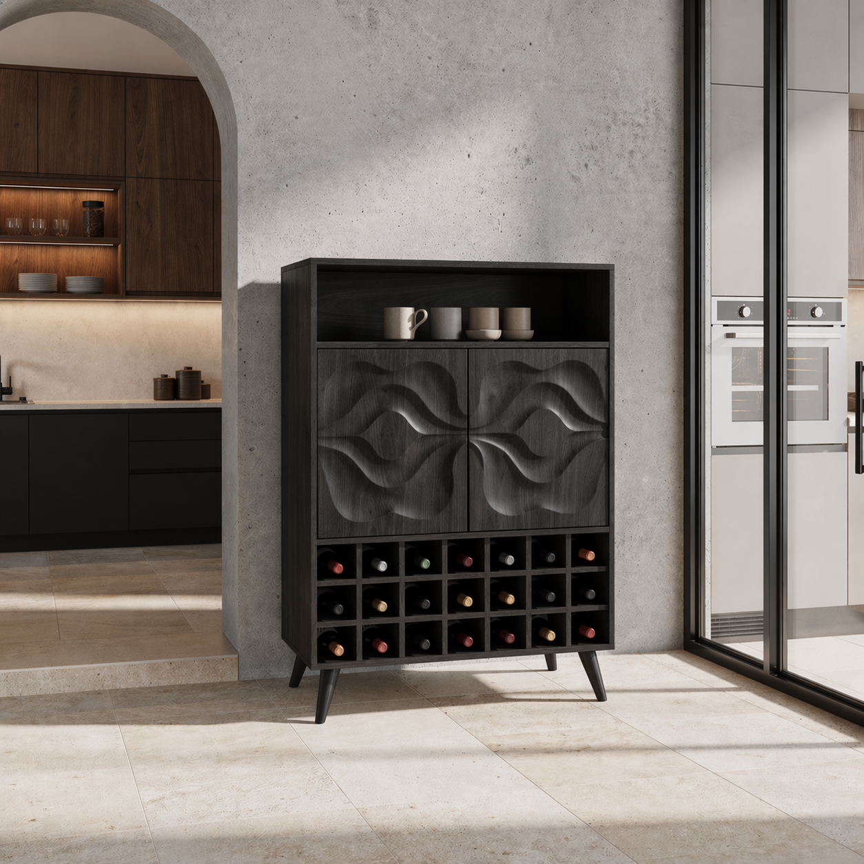Solid Wood Wine Cabinet with Carved Doors and Grid Bottle Storage