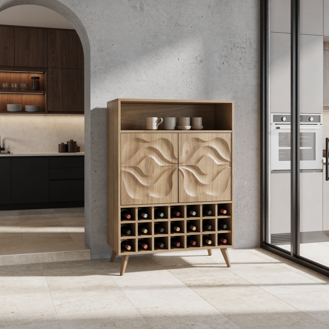 Solid Wood Wine Cabinet with Carved Doors and Grid Bottle Storage