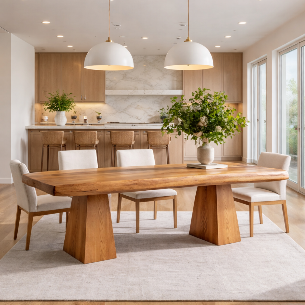 Solid Wood Live Edge Dining Table with Pedestal Base – Rustic Modern Dining Table