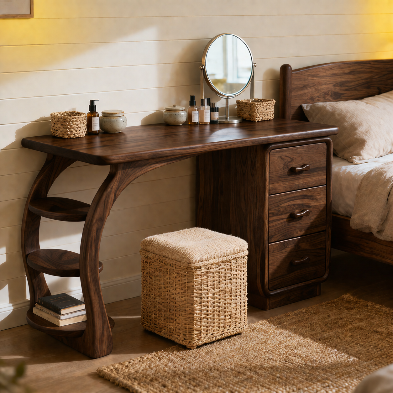 Solid Wood Makeup Vanity Desk with Curved Side Shelves and Drawer Storage
